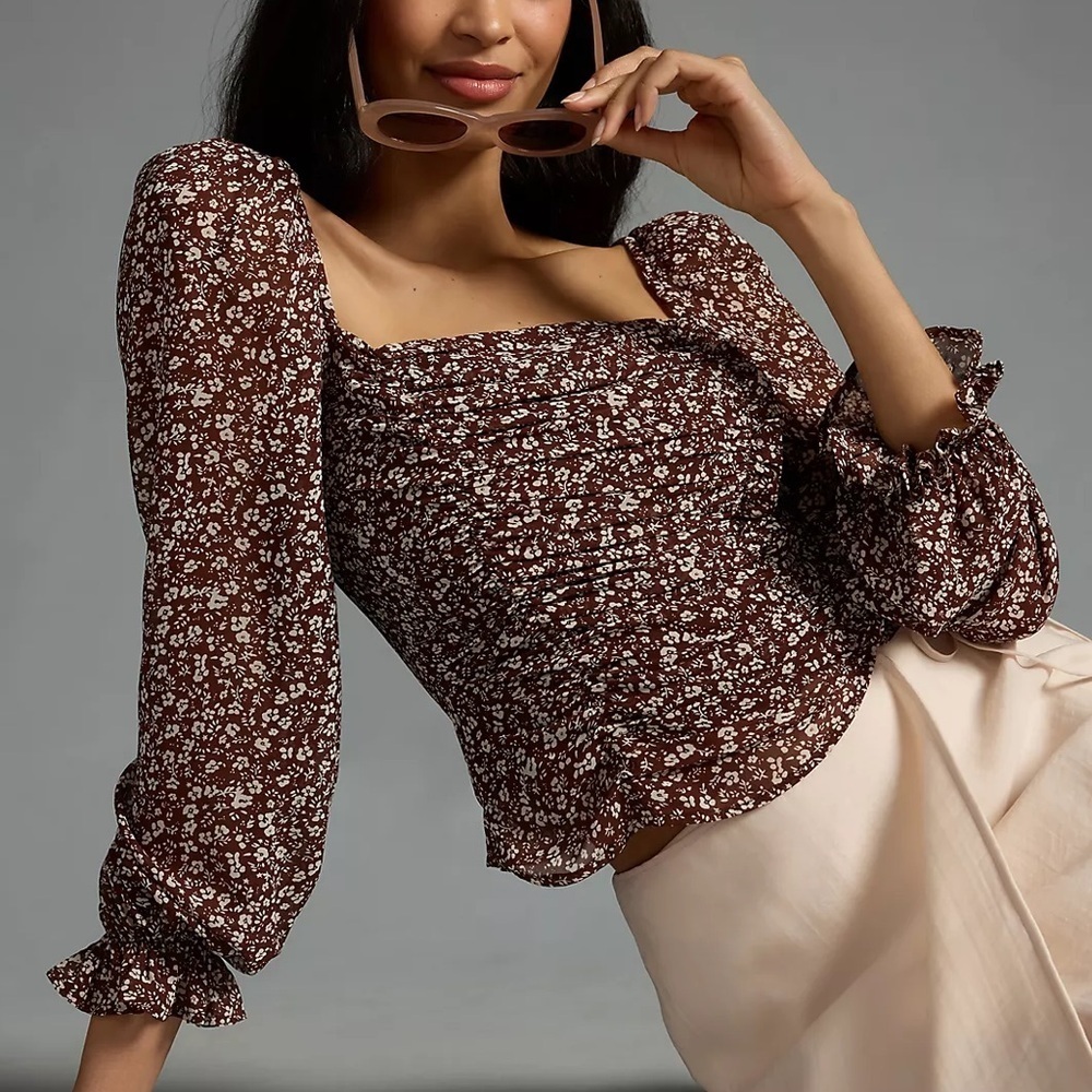 Astr the label Tonina Puff Sleeve Top Brown Floral Ruched